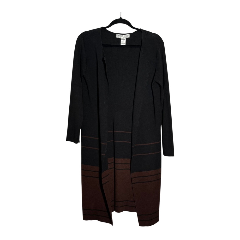 Tower Hill Collection Black Brown Stripe Long Open Front Cardigan Sweater Size S